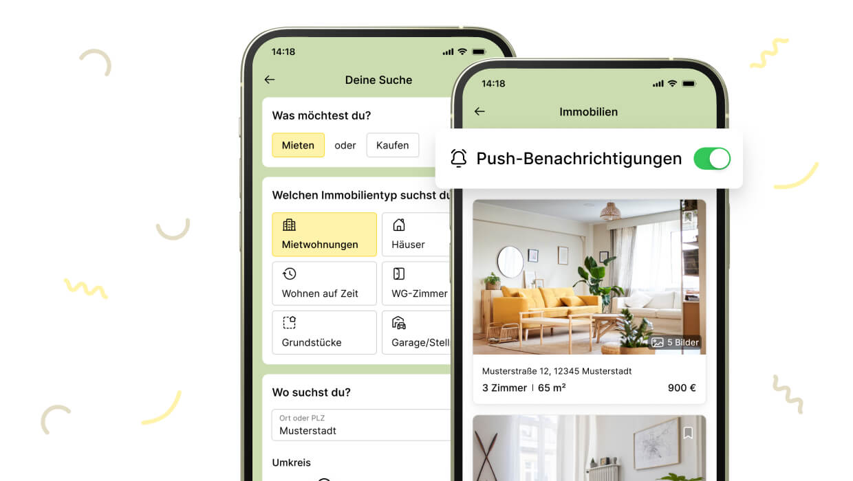 meinestadt.de App Bereich Immobilien mit Push-Benachrichtigung